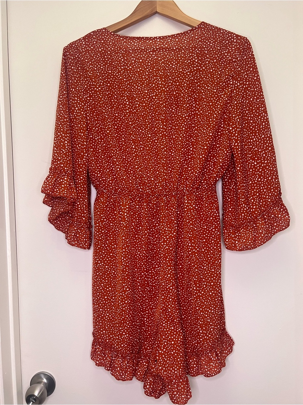 Rust Polka Dot Tie Front Skort Romper Boho Ruffle Sleeve Cottagecore L